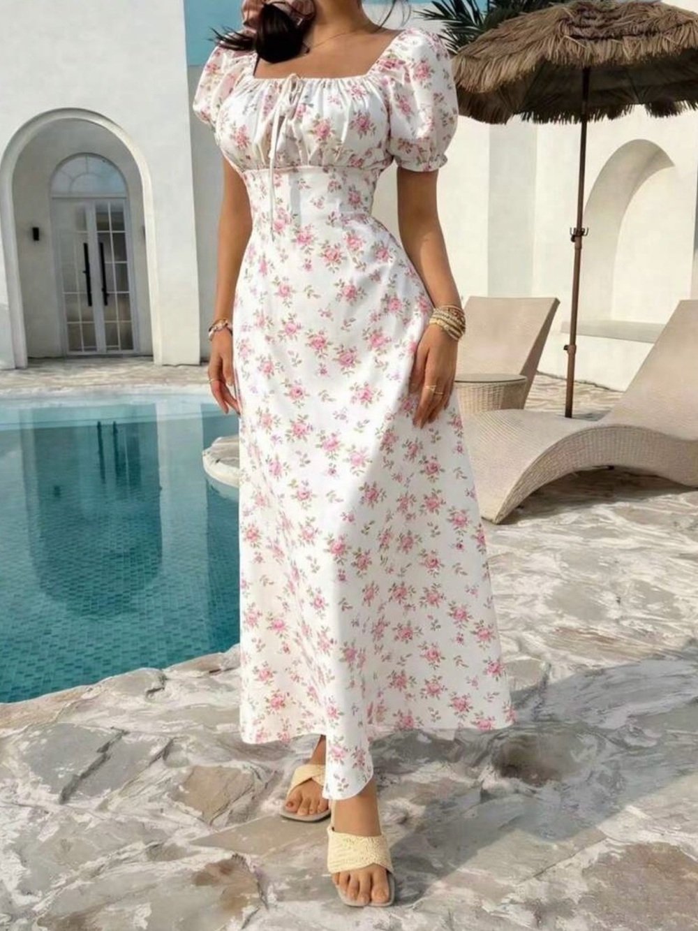 SHEIN White Floral Puff-Sleeve Dress with Pink Rose Print